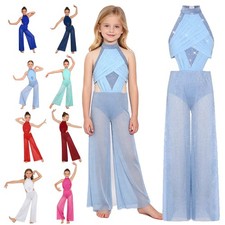 Girls Wide Leg Lyrical Ballet Dance Jumpsuit Romper Party Gymnastics Bodysuit