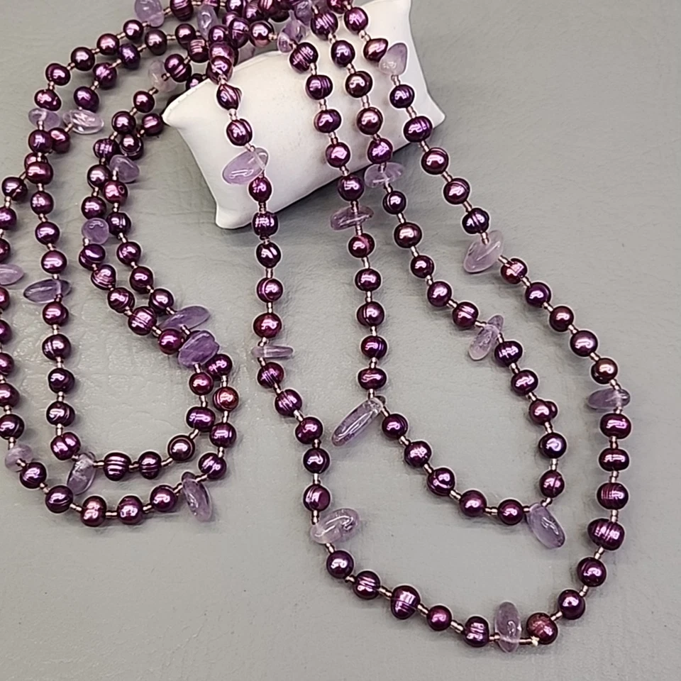 Collar con cuentas de perlas de agua dulce teñido púrpura amatista piedra detalles largo 70" Foto 3 de 4