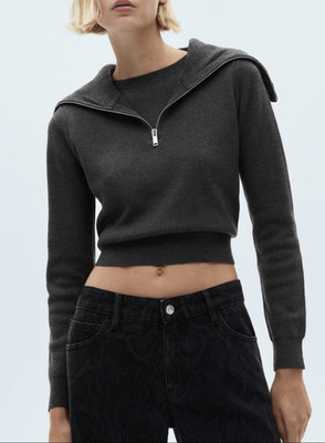 Mango Women's Zip Detail High Neck Wool Blend Sweater Charcoal M NWT