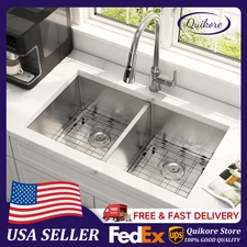 Quikore 32 Inch Undermount Double Bowl 50/50 Stainless Steel Deep Kitchen Sink