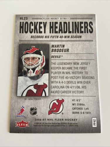 NHL Card-Martin Brodeur-Hockey Headliners-Fleer 2006-07-Devils - Imagen 2 de 2