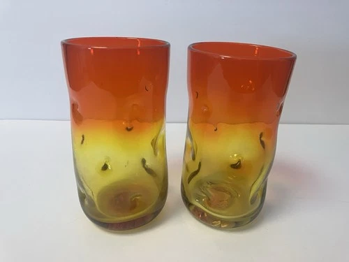 Vintage Blenko Amberina Dimpled Glass Drinking Glasses 6” Pair Tumblers
