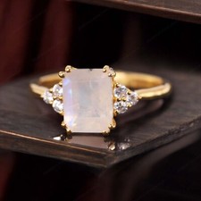 925 Sterling Silver 8x6 mm Baguette Shape Natural Rainbow Moonstone Cluster Ring