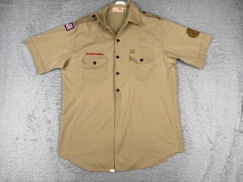 Boy Scouts of America Shirt Adult Large Beige Button Up Polyester READ