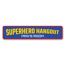 Superhero Hangout Sign, Custom Kid Name Bedroom Aluminum Metal Decor Sign