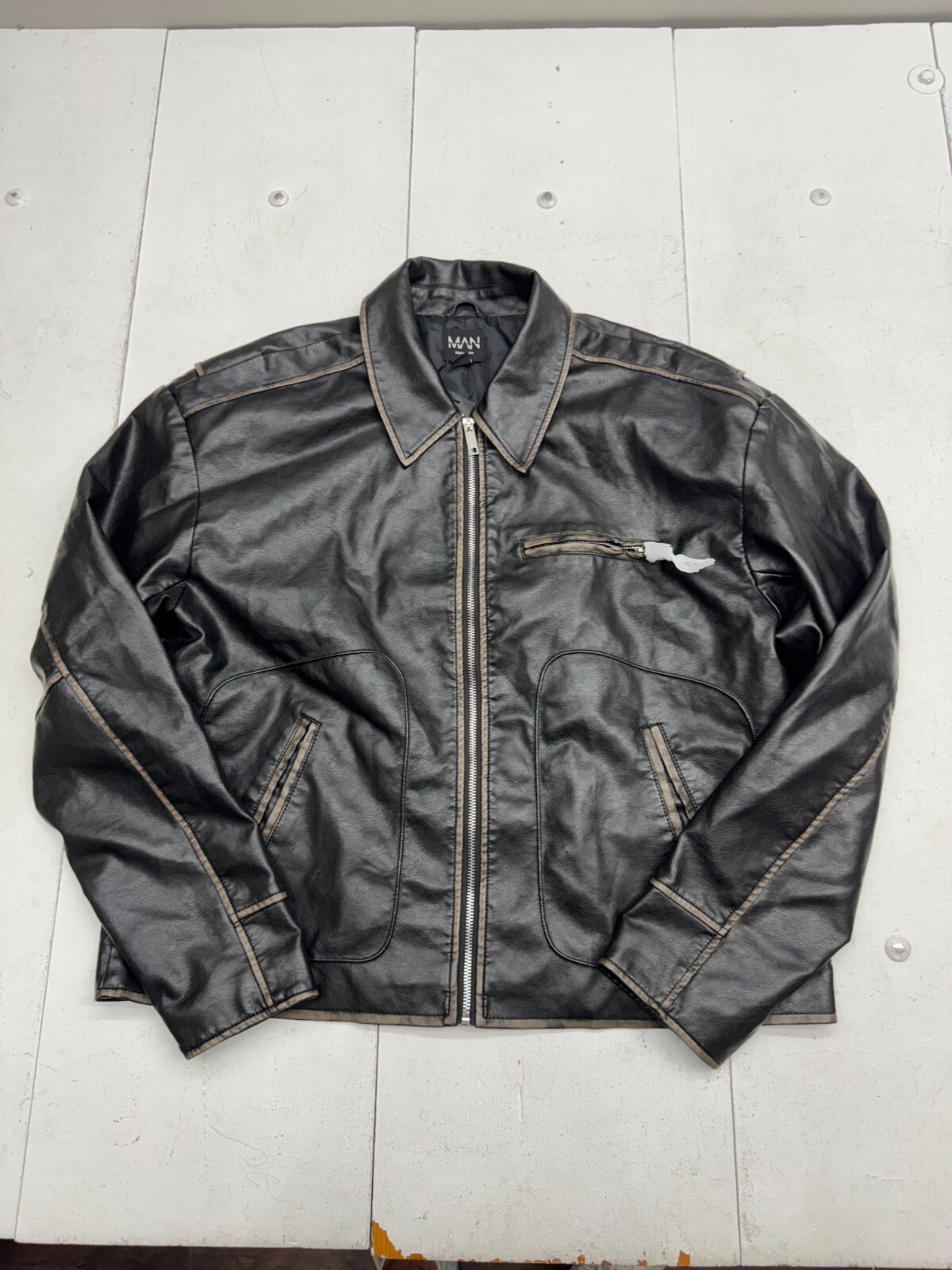 Boohoo Man Black Slim Fit Washed Pu Biker Jacket Mens Size XL