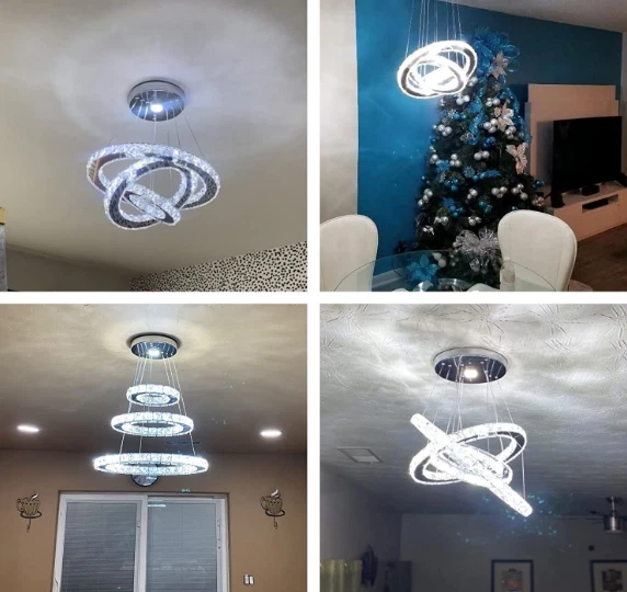 LED Lampara 3 Anillos Ajustables De Techo Modernas Cristal Colgante Blanco Frio