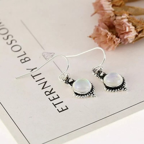 925 Silver Boho Natural Stone Moonstone Earrings Dangle Hook Drop Charm Women - Picture 6 of 7