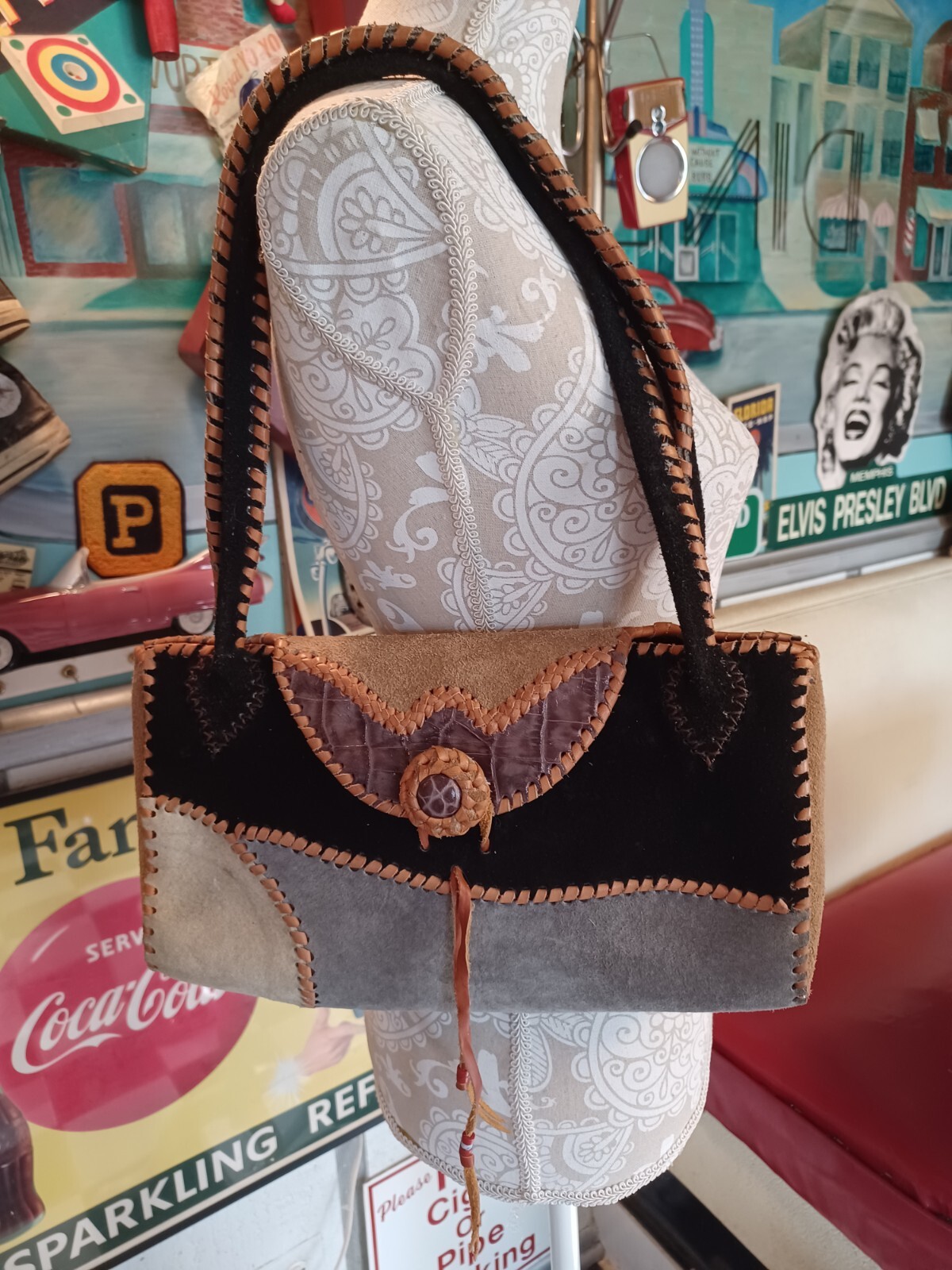 Unique Suede Patchwork Boho Purse Shoulder Bag Bo… - image 1