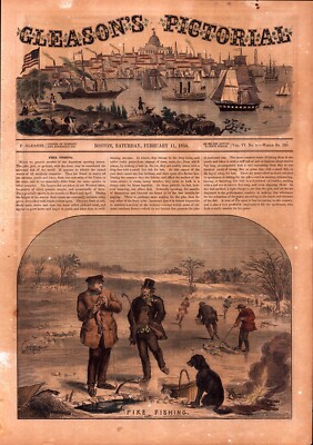 ''PIKE FISHING'' Antique Hand Colored Ice Fishing engraving 1854