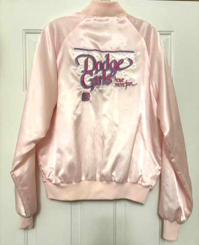 Vintage~L~"DODGE GIRLS HAVE MORE FUN"~80s~PINK SATIN~"Car Show" Jacket~LINED~USA