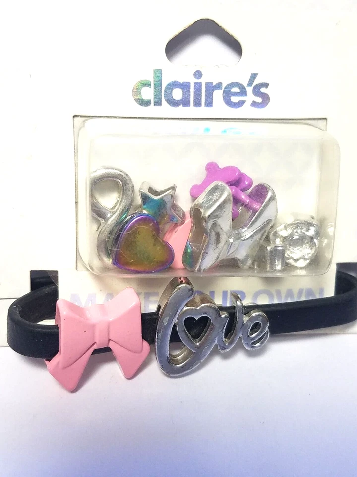 Vtg Nip Claire's Make Your Own Bracelet Kit Black Leather Slide Bracelet Charms - Image 2 of 4