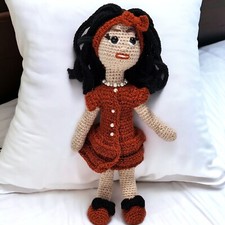 Handmade Crochet Doll 14" Inch Unique Rare Black Hair and Eyes Light Complexion
