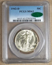 1942-D WALKING LIBERTY HALF DOLLAR PCGS MS63 CAC GREEN LABEL 870394
