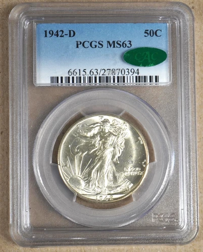 1942-D WALKING LIBERTY HALF DOLLAR PCGS MS63 CAC GREEN LABEL 870394