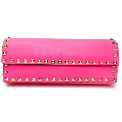 VALENTINO GARAVANI Rock Studs Leather Clutch Bag Shocking Pink - Picture 2 of 12
