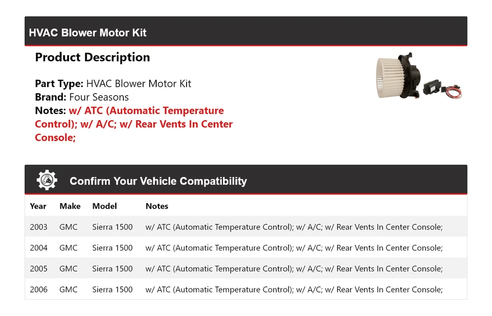 Kit de motor soplador de climatización para GMC Sierra 1500 2003-2006 4 estaciones 2004 2005 Foto 2 de 3
