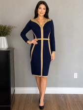 Midnight Velvet Dress XL Blue Gold Bodycon Sweater Knit Sheath Stretch