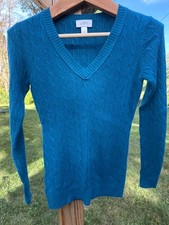 Womens Loft Blue V Neck Sweater Size XS nylon/acrylic blend herringboned knit