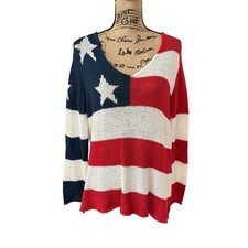 Wooden Ships American Flag Sweater V-Neck Long Sleeve Patriotic Knit Size S/M