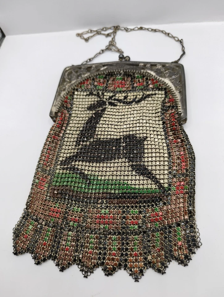 Cartera de malla pintada Whiting & Davis Art Deco de 1920 RARA - escena de ciervo/ciervo Foto 2 de 4