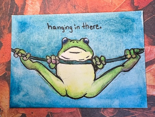 Hanging In There Frog Original Watercolor ACEO Art Card by KayshaLacyArt