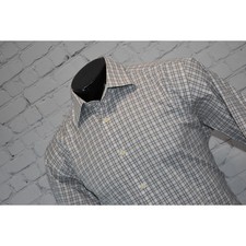 David Donahue Dress Shirt Mens Size Large Tan Blue Plaids Cotton Button Down
