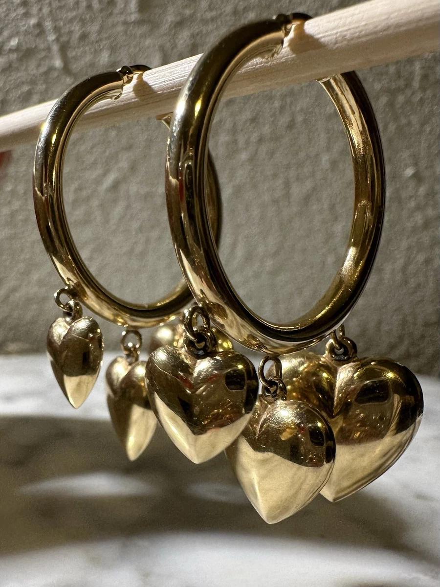 14k Gold Double Sided Graduated Puffy Heart Charm Hoop Earrings Vintage SO CUTE
