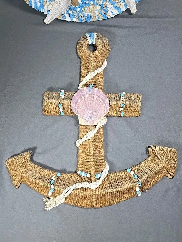 Juego de decoración de pared con ancla náutica y corona de estrellas de mar yute conchas marinas playa decoración del hogar Foto 3 de 4