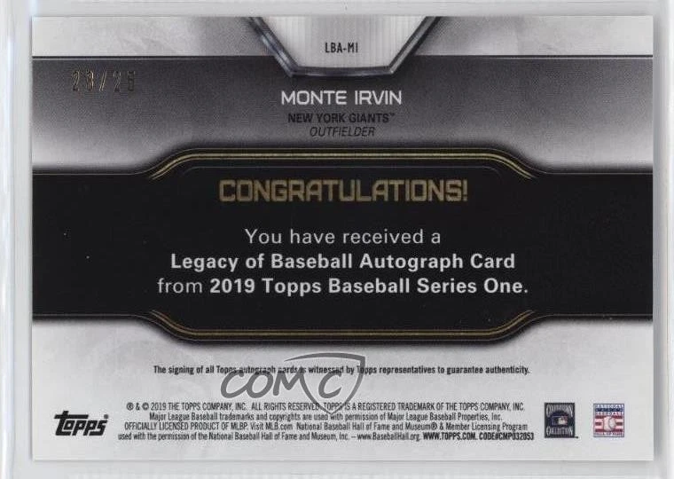 2019 Topps Legacy of Baseball Auto Red /25 Monte Irvin #LBA-MI Auto HOF - Image 2 of 2