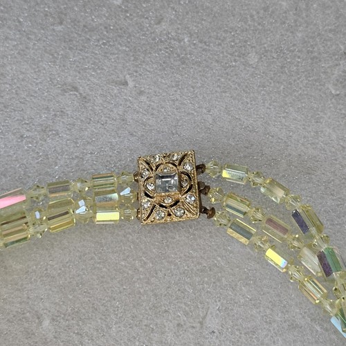 Vtg 50s Yellow Green Aurora Borealis Crystal Necklace 3 Strand Art Deco Style 18 - Picture 9 of 11