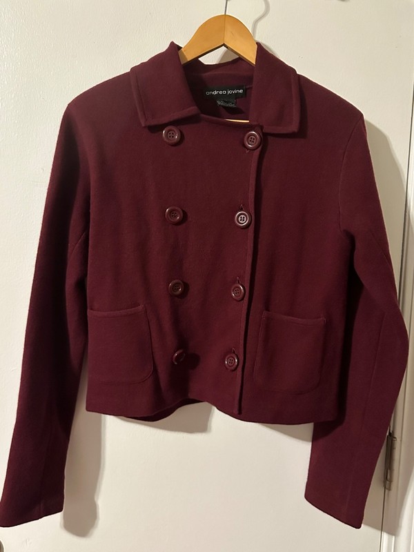 Vtg Andrea Jovine Maroon Burgundy 100% Wool Sweater Double Breasted Blazer S