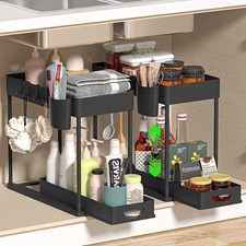 Under Sink Organizer 2 Tier Kitchen Rack Storage Shelf w Sliding Cabinet Drawer