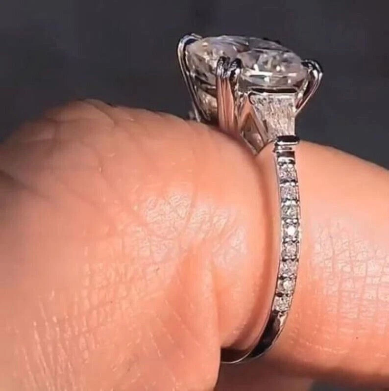 3.20Ct Cushion Cut Moissanite Three Stone Engagement Ring 14k White Gold Plated