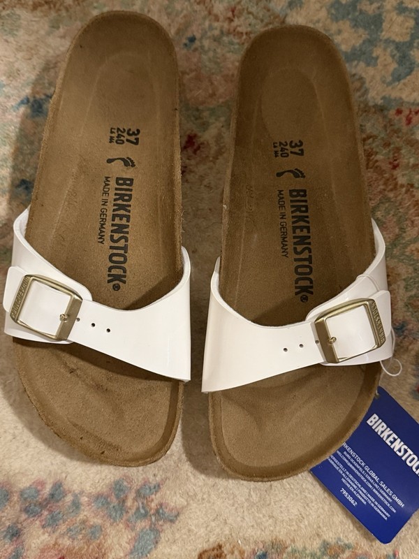 Birkenstock Madrid BS Patent White Slide Sandals US 7 EU 37 Std Buckle NIB