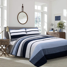 Tranquil Blue Gray Striped 100 Cotton Quilt Bedding Set, Reversible Coverlet, B