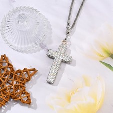 1x Crystal Silver Cross Car Rear View Mirror Charm, Bling Rhinestone Car Hanging