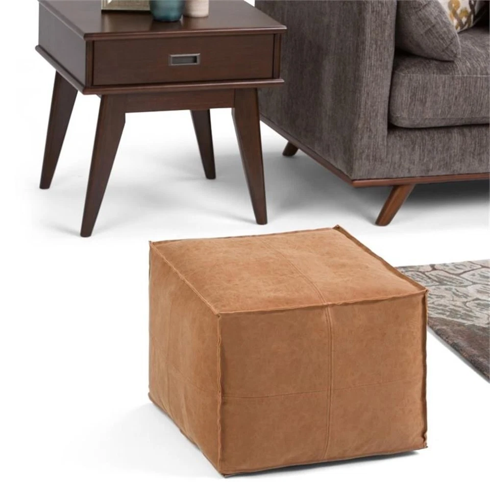 Maklaine Modern / Contemporary Square Pouf in Distressed Brown Faux Leather - Image 2 of 4