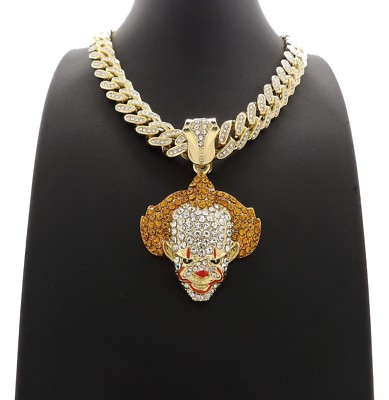 Hip Hop Crazy Clown pendant & 20'' Full Iced Box Lock Miami Cuban Chain Necklace