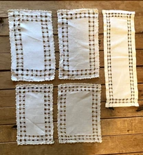 Set of 5 Ecru Linen Embroidery Cutwork Centerpieces Basket liner doilies dresser