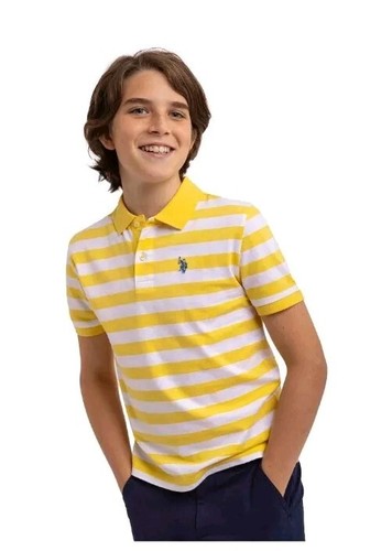 New US Polo Assn Boys Striped Jersey Polo Size Med. (8)Yellow White Short Sleeve