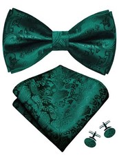 Green Bow Tie Pocket Square Set for Men Pre-Tied Silk Emerald Green Paisley B...
