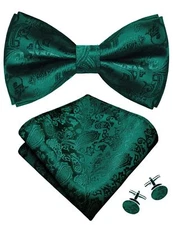 Green Bow Tie Pocket Square Set for Men Pre-Tied Silk Emerald Green Paisley B...