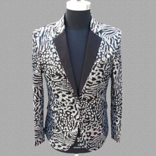 Mens Leopard Sequin Jacket Suit Nightclub Bar One Button Party Prom Shiny Blazer