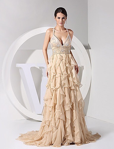Gorgeous Sheath/Column V-neck Chiffon Evening Dress, Sweep/Brush Train; Size L | eBay Gorgeous Sheath/Column V-neck Chiffon Evening Dress, Sweep/Brush Train; Size L | eBay
