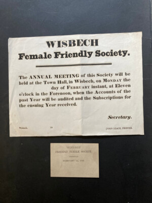 1880s Wisbech Female Friendly Society flyer sheet and calling card John Leach