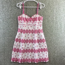 Lilly Pulitzer Dress Womens 2 Embroidered Linen Pink White Lined Summer Sleeve