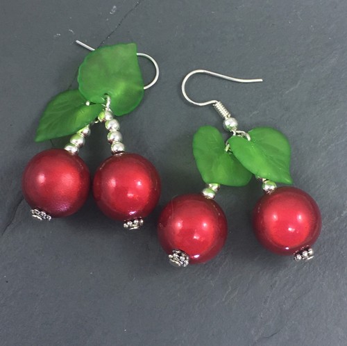 Pendientes Cerezas Cereza Cuentas Rojo Verde Gótico Rockabilly Tatuaje Punk Grunge - Imagen 4 de 7