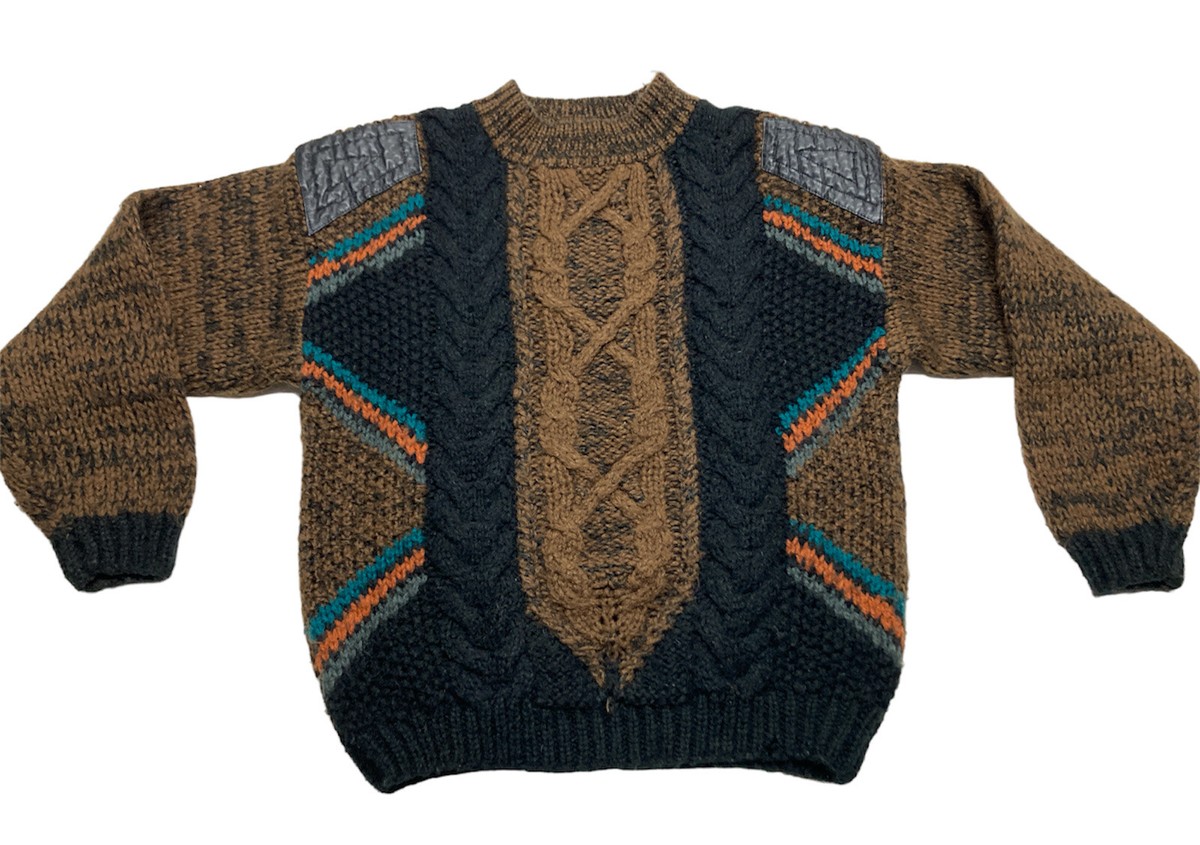Vintage Street Scenes Sweater Leather Trim 80's 90's Medium