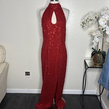 Scala Vintage 80s Red Beaded Sequin Slit Evening Dress Gown L